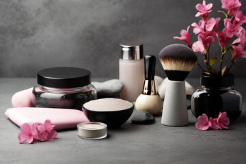 Assorted make up beauty products with brushes and pink flowers on grey background
