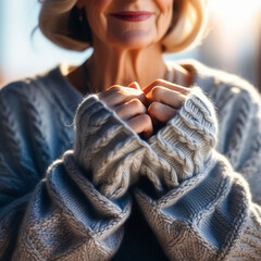 Elderly senior woman's hands knitting with needles warm and cozy sweeter. close up. Hobby, craft, diy
