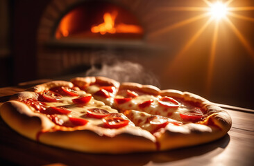 hot and tasty Italian pizza near an oven, ready to eat. Italian cuisine restaurant.