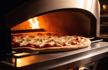 hot and tasty Italian pizza near an oven, ready to eat. Italian cuisine restaurant.