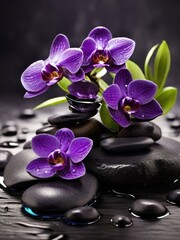 Fototapeta na wymiar Serenity Spa Escape: Aromatherapy Bliss with Massage Pebbles,black Tranquil Stone Stacks and Orchid Flowers 