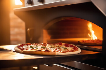 hot and tasty Italian pizza near an oven, ready to eat. Italian cuisine restaurant.