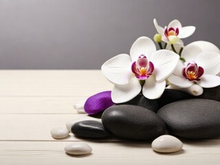 Serenity Spa Escape: Aromatherapy Bliss with Massage Pebbles,black Tranquil Stone Stacks and  Orchid Flowers 