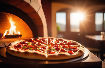 hot and tasty Italian pizza near an oven, ready to eat. Italian cuisine restaurant.