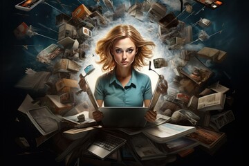 Multitasking, personal productivity. A multitasking business woman at a laptop, busy working in the office. A busy girl who has a lot of hands to do multiple tasks at the same time. Freelance worker