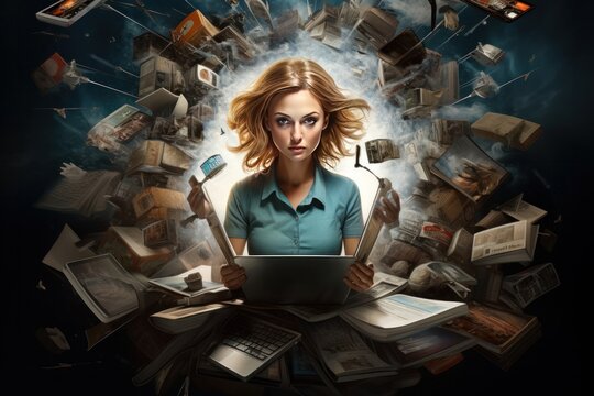 Multitasking, personal productivity. A multitasking business woman at a laptop, busy working in the office. A busy girl who has a lot of hands to do multiple tasks at the same time. Freelance worker