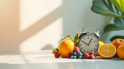 A clock with a healthy fruits, orange and grapes. healthy lifestyle and diet timing concept - obrazy, fototapety, plakaty