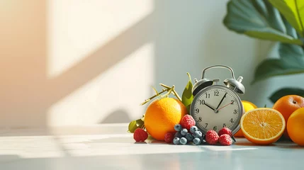 Poster A clock with a healthy fruits, orange and grapes. healthy lifestyle and diet timing concept © Tazzi Art