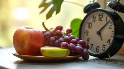A clock with a healthy fruits, apple slices and grapes. healthy lifestyle and diet timing concept