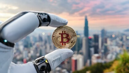 Robotic hand holding bitcoin in his hand in front of the blurred metropol city, selective focus and empty space tp text