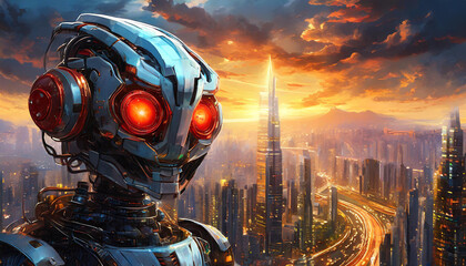 An evil looking bad robot thinking something bad about humanity, post apocalyptic concept and...