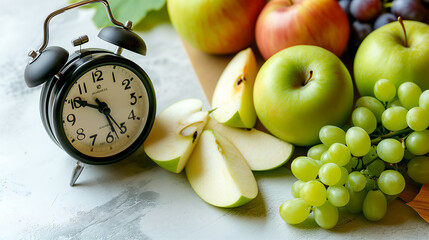 A clock with a healthy fruits, apple slices and grapes. healthy lifestyle and diet timing concept - obrazy, fototapety, plakaty