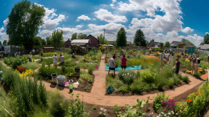 "Community Garden Gathering in Full Bloom" AI-Generative