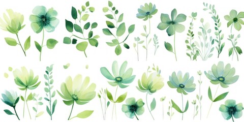 Green several pattern flower, sketch, illust, abstract watercolor, flat design, white background - obrazy, fototapety, plakaty
