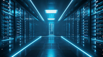 The xray view of cloud data storage server room with open door.