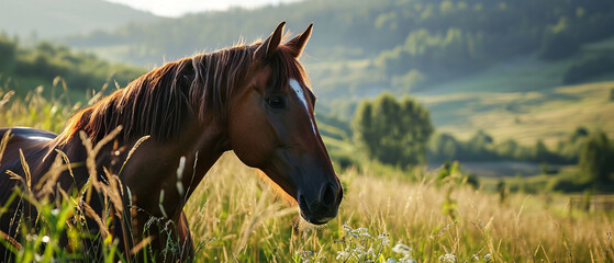 Chestnut Horse in the Early Morning Meadow