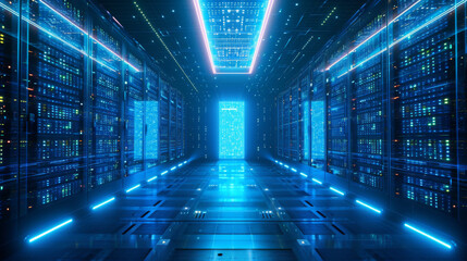 The xray view of cloud data storage server room with open door. - obrazy, fototapety, plakaty