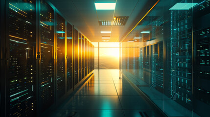 Modern data center with servers in the floor standing out in the sun.