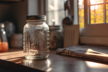 Close-up of a mason jar, capturing its details, placed in a bright kitchen setting with soft natural light - obrazy, fototapety, plakaty