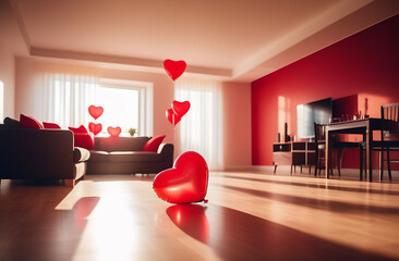 beautiful modern bright minimalistic apartment with sunlight and modern furniture and red heart-shaped inflatable balloons under the ceiling, valentine's day