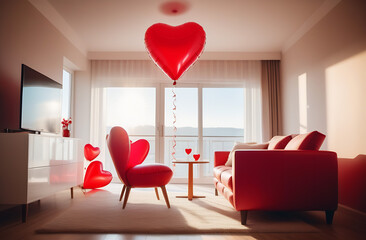 beautiful modern bright minimalistic apartment with sunlight and modern furniture and red heart-shaped inflatable balloons under the ceiling, valentine's day