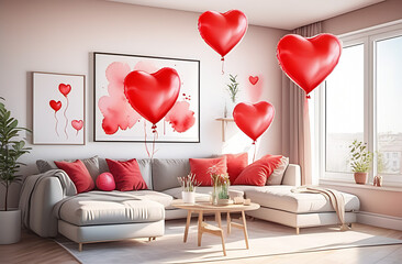 beautiful modern bright minimalistic apartment with sunlight and modern furniture and red heart-shaped inflatable balloons under the ceiling, valentine's day