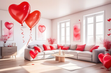 beautiful modern bright minimalistic apartment with sunlight and modern furniture and red heart-shaped inflatable balloons under the ceiling, valentine's day
