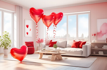 beautiful modern bright minimalistic apartment with sunlight and modern furniture and red heart-shaped inflatable balloons under the ceiling, valentine's day