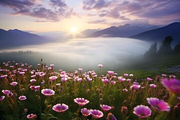 Mountains, flowers, fresh morning, fog, cold weather
