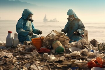 activists in hazmat suits cleaning the beach from trash on the coast. Close-up of a bunch of collected cellophane bags, plastic on the seashore. Concept of ecology, let's preserve nature. Environment - obrazy, fototapety, plakaty