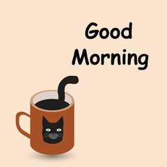Coffee mug with cat face and tail and the text good morning