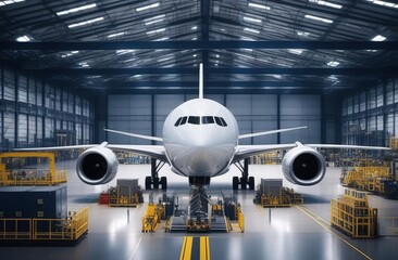 Passenger airplane on maintenance of engine and fuselage check repair in airport hangar. Inside aerospace hangar. Large passenger aircraft on service in an aviation hangar