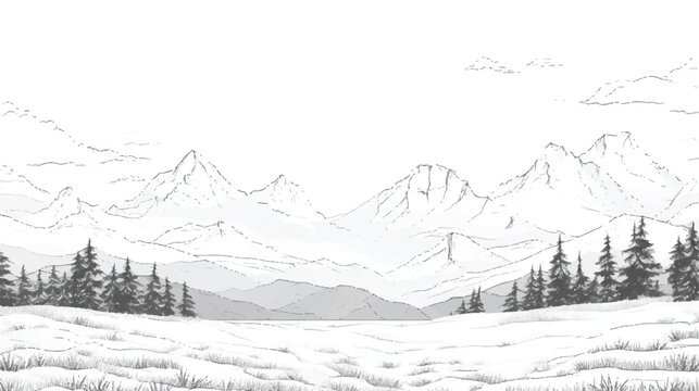 Mountain landscape of vector line art. Minimal