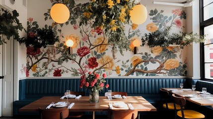 Trendy brunch spot with Instagram-worthy aesthetics, floral accents, and cozy nooks