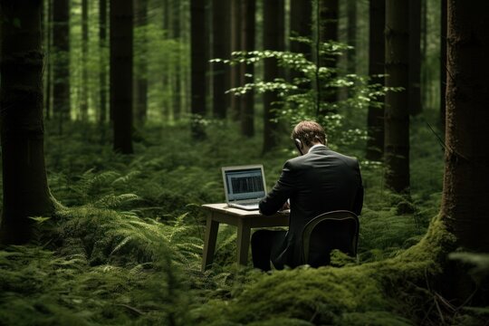 Remote Work And Freelance Concept. Business Man Working Outside In The Nature Forest Or Park Office, Sitting At Desk With Laptop Computer Typing. Green Outdoors