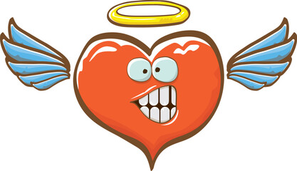 Fototapeta premium Cartoon bintage groovy heart character with wings and holy angel golden nimbus isolated on white background. Conceptual valentines day comic funky heart sticker and label vintage cartoon comic style