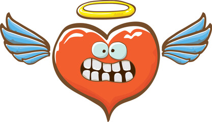 Cartoon bintage groovy heart character with wings and holy angel golden nimbus isolated on white background. Conceptual valentines day comic funky heart sticker and label vintage cartoon comic style