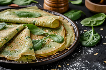 oatmeal and spinach crepes. diet food, healthy food. dark background, leafy greens, spices,  - obrazy, fototapety, plakaty