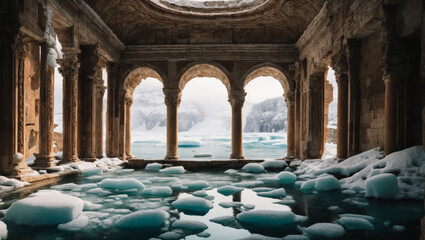 surreal landscape, ancient Roman ruins appear among lush ice floes, walls in ice, snowy and cold. ancient stones and intricately woven snow are a combination of ancient and wild
