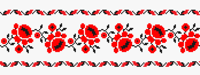 Ukrainian ornament in traditional colors on a white background, pixel style. Ukrainian embroidery vector. Geometric pattern,border