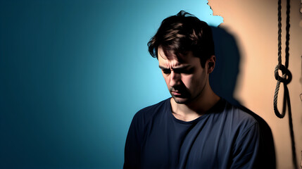a sad man on a blue background with a shadow of a noose on a wall next to him, in a sad, depressed state; blue Monday