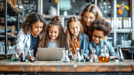 Group of multiethnic cheerful primary students looking camera studying in science laboratory lab classroom using modern laptop, Teacher female standing, pupil or students learning lifestyle education - obrazy, fototapety, plakaty