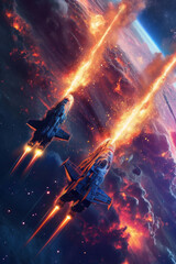 Fototapeta premium Two spacecraft flying in space with glowing rockets