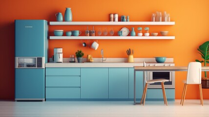 modern orange kitchen with blue cabinets