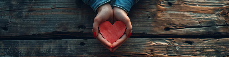 person holding a red wood heart - Powered by Adobe