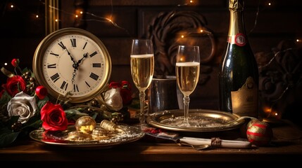 Champagnes and decorations for new year party