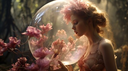 Beautiful young woman blowing soap bubbles in forest. Fantasy image.