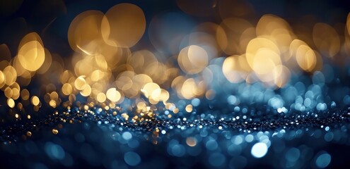 blue and gold bokeh, gold and silver, depth of field, defocus, haze, golden lights, blue and gold background, luxury feeling, blue night lights, dark background, Generative AI - obrazy, fototapety, plakaty