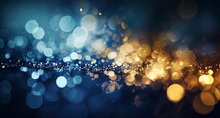 blue and gold bokeh, gold and silver, depth of field, defocus, haze, golden lights, blue and gold background, luxury feeling, blue night lights, dark background, Generative AI