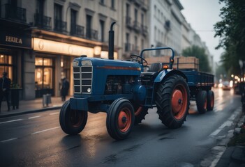 Obraz premium Blue tractor on the road with front loader up in the air buildings within background city